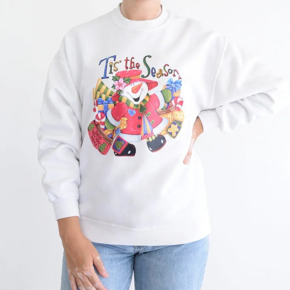 Vintage Jerzees White Snowman Ugly Christmas Tis The Season Crewneck Sweater  M